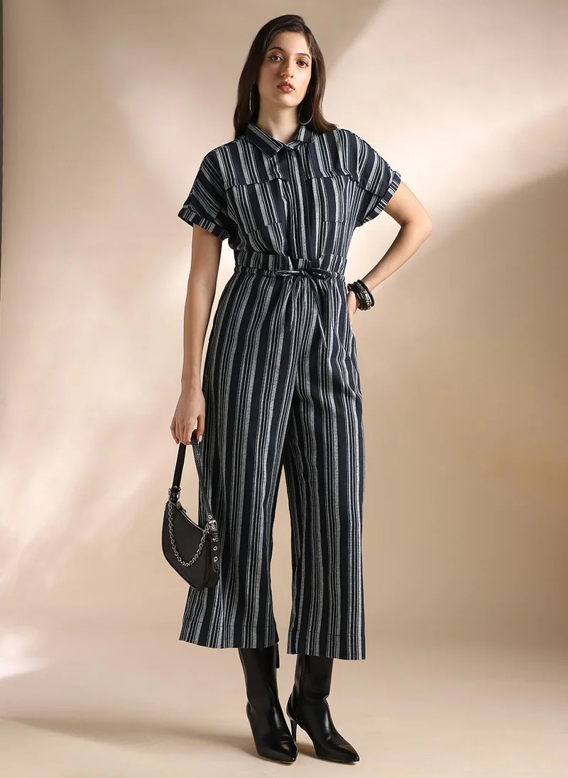 globus Globus Women Navy Blue Striped Extended Sleeves Collared Neck Waist Tie-Ups Wide Leg Jumpsuit